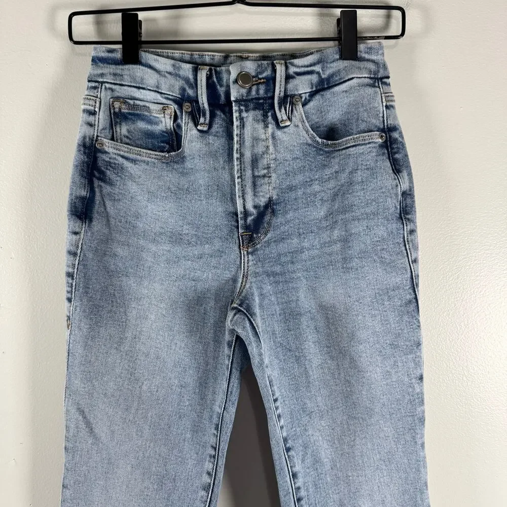Good American Straight Leg Raw Hem Jeans Light Wash Indigo High Rise Womens Sz 0 - Picture 3 of 10